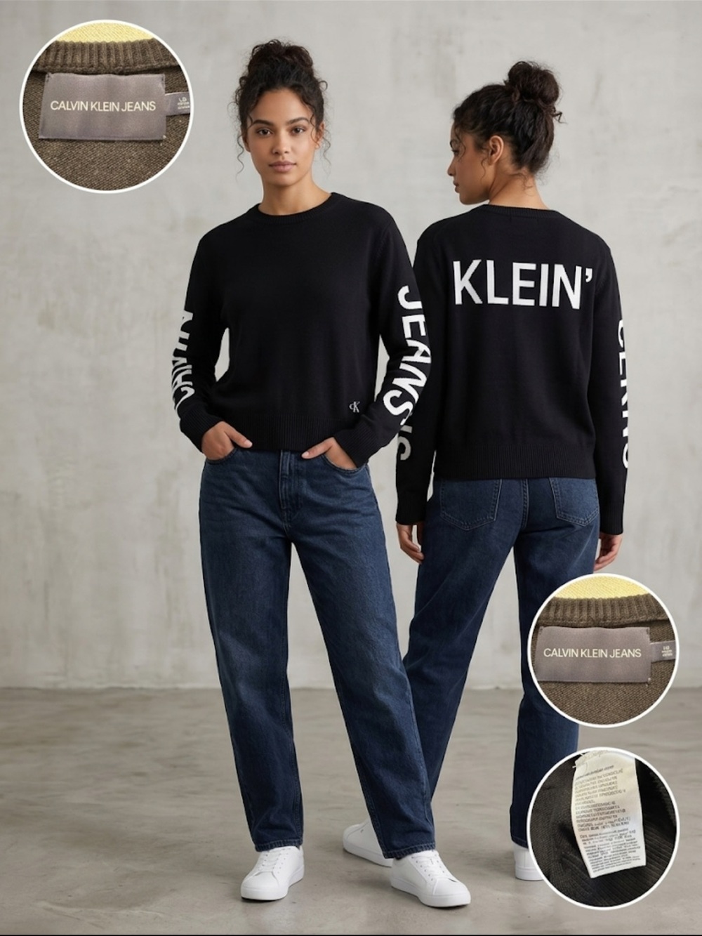 Calvin Klein Jeans Bold Logo Graphic Knit Crewneck Sweater Black/White Size L